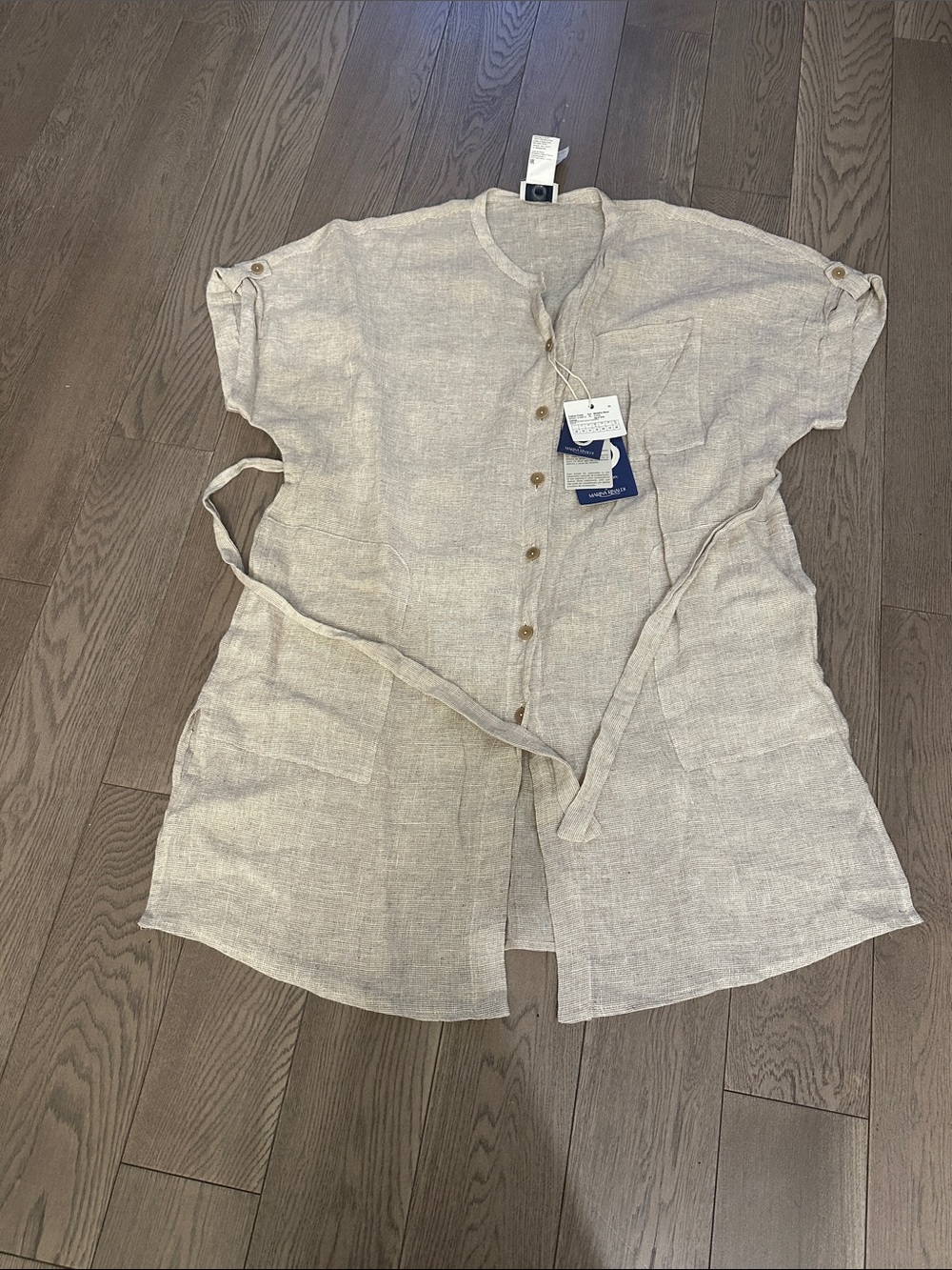 Light Cream Linen Blend Short-Sleeve Button-Front Shirt dress